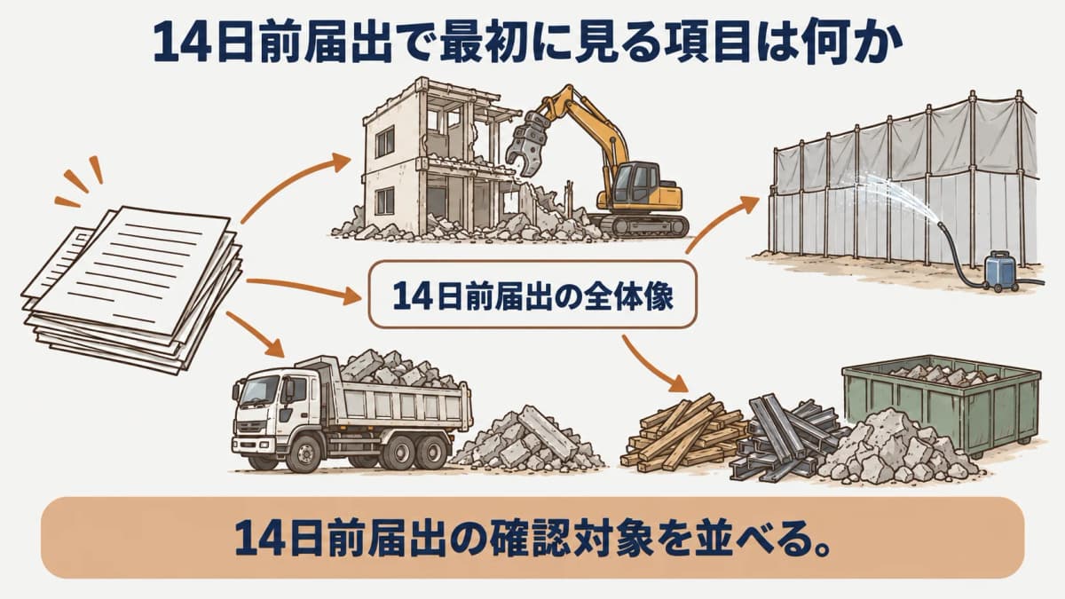 石綿事前調査と14日前届出を別の流れで整理する解体工事の図解
