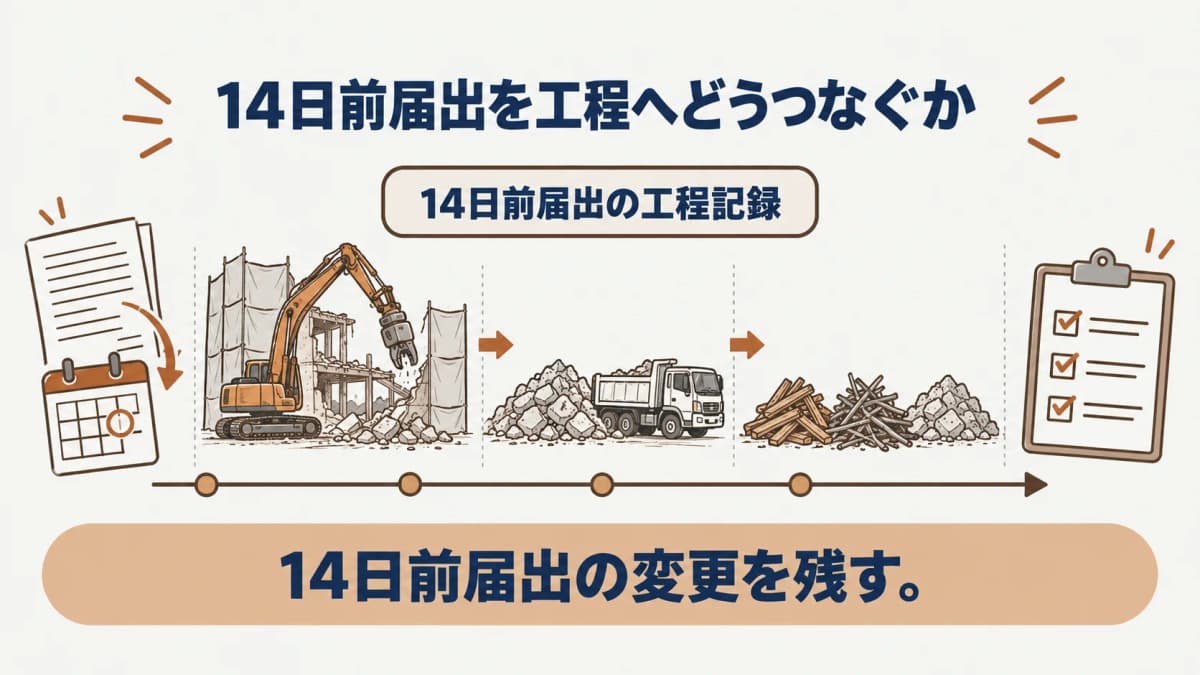 範囲変更と届出確認先を工程表に記録する14日前届出の図解