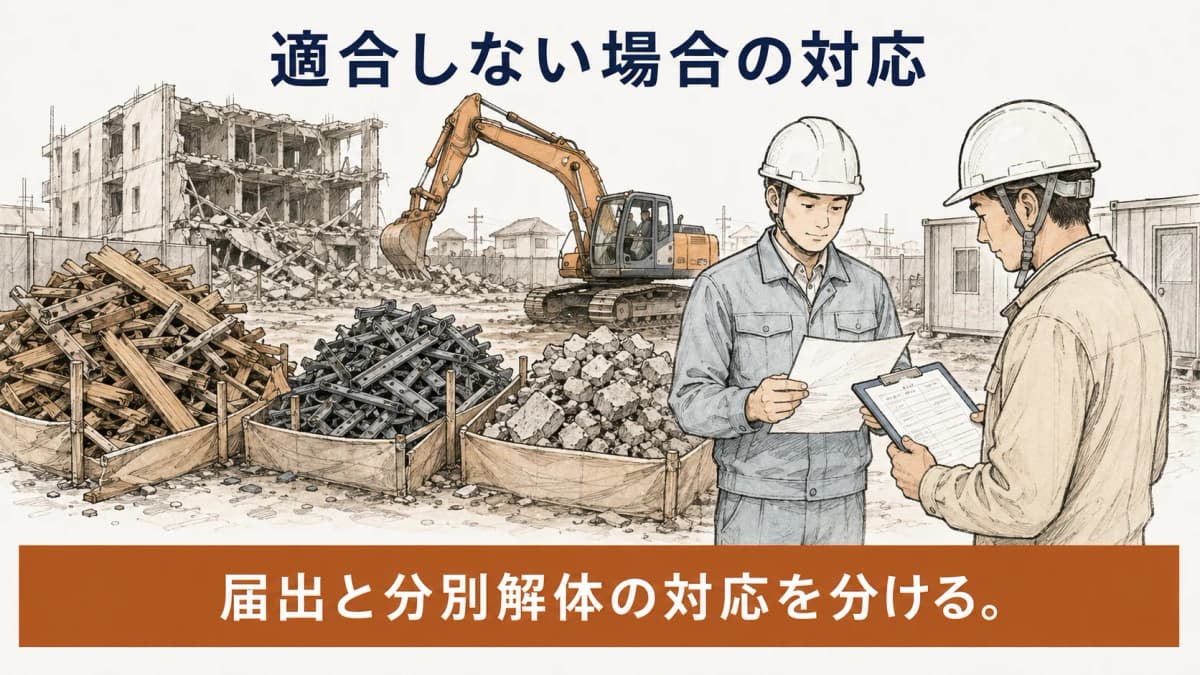 分別解体と届出で異なる対応の流れを示す図解