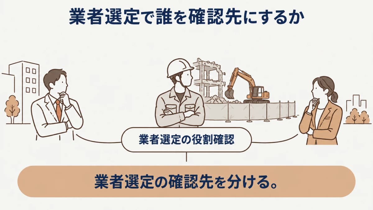 説明資料と工事条件を照らして確認日を記録する法人担当者の線画