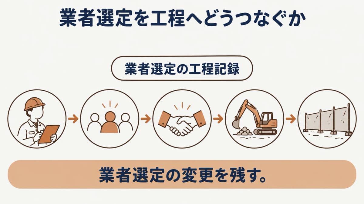 比較項目と社内判断の記録を別欄に置く選定理由の整理図