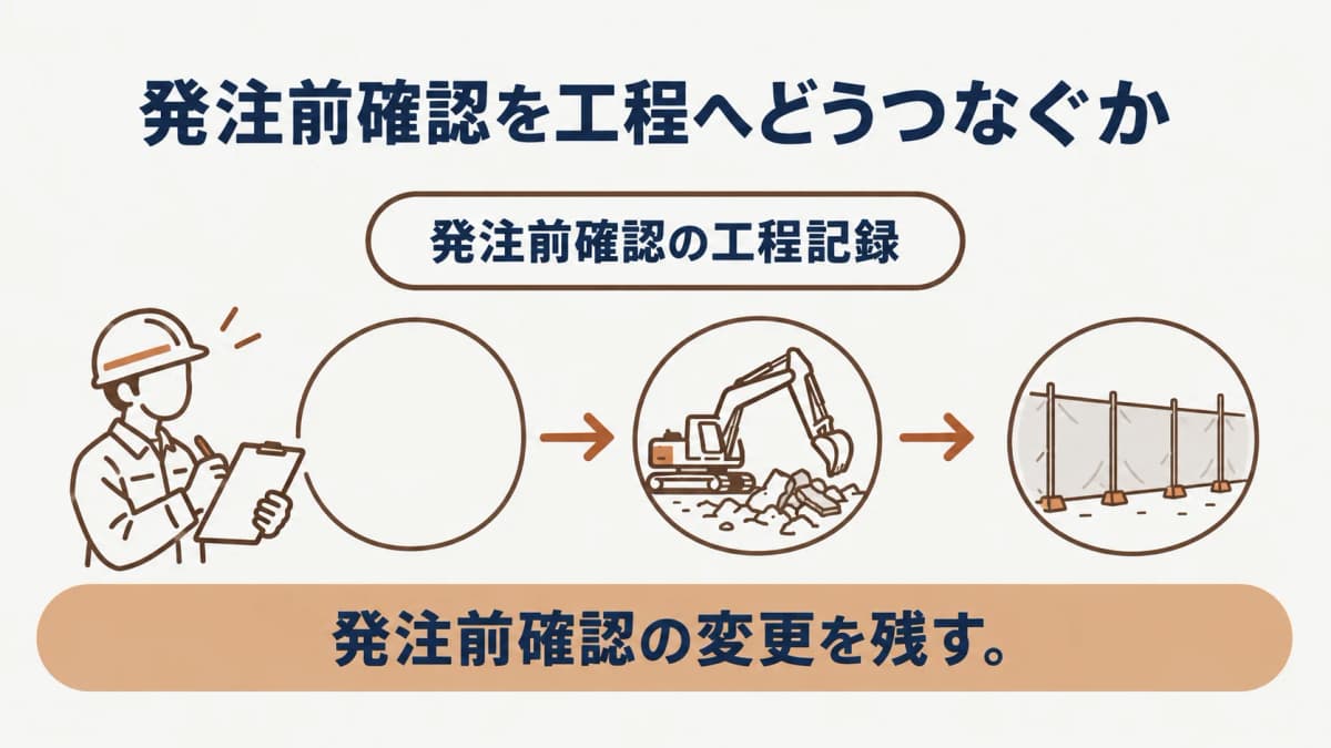 調査結果・着工判断・周辺対応の確認先をつなぐ工程表の図解