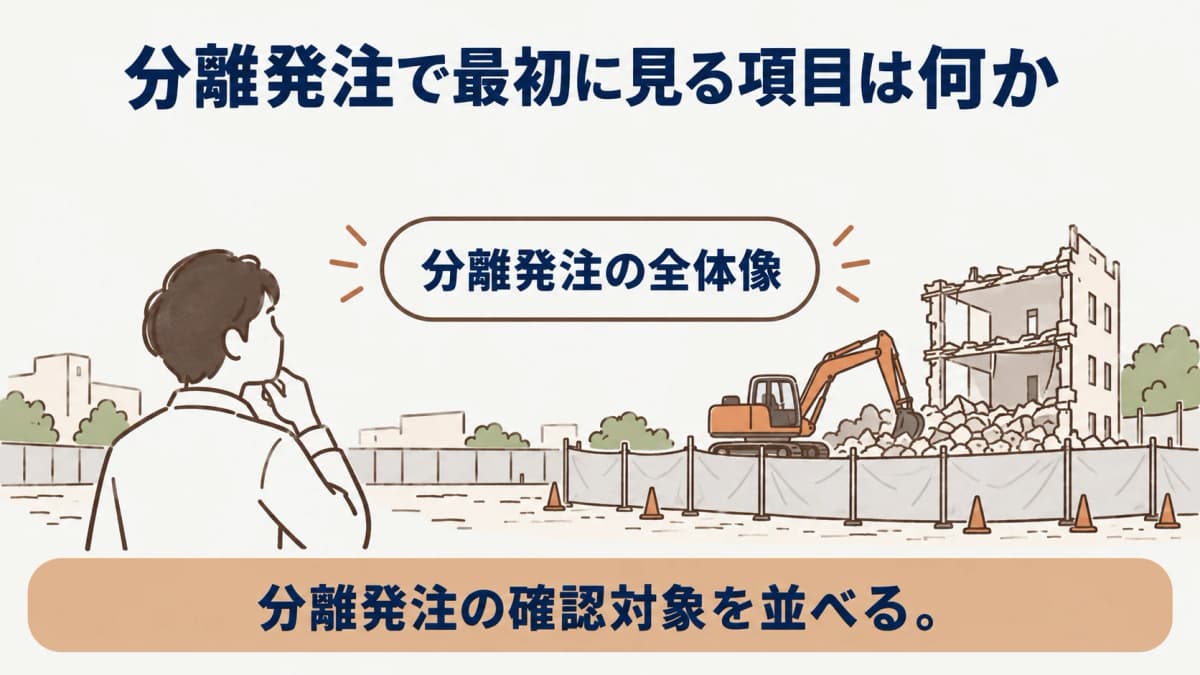 分離発注と一括契約で契約相手と確認資料を分ける解体工事の判断図