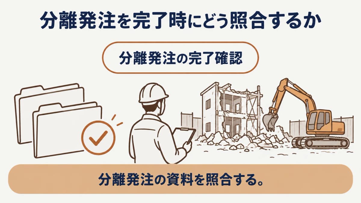 当初範囲と完了資料を照合して保管先を記録する解体工事の完了確認図