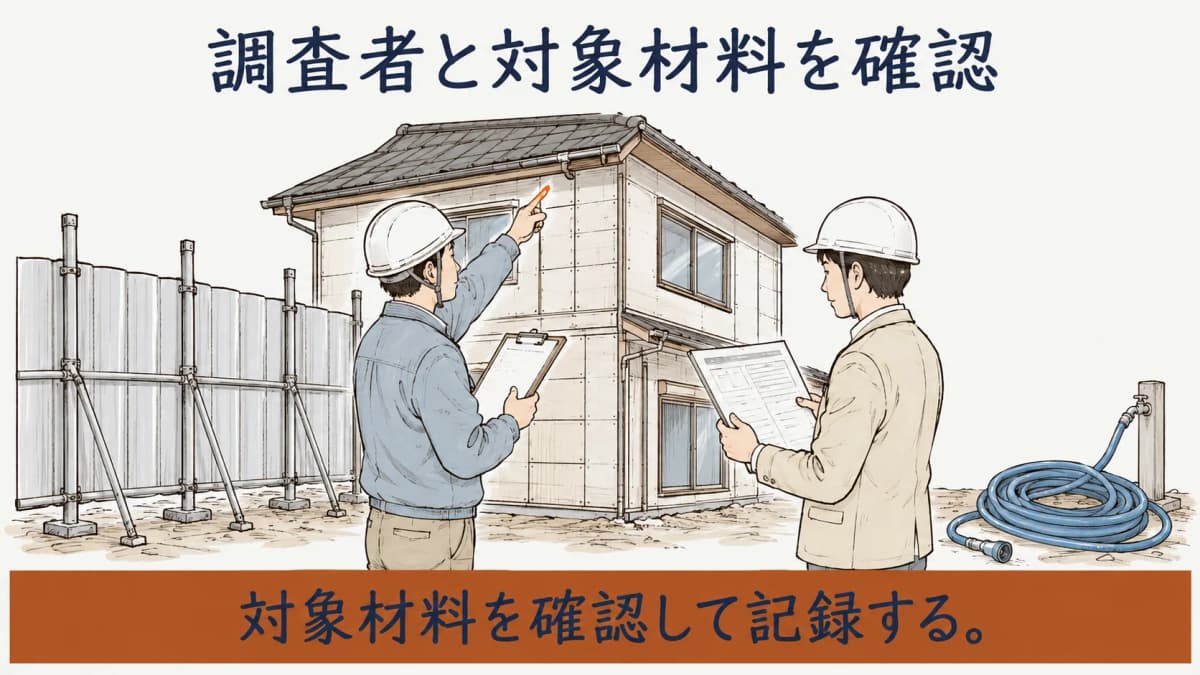 調査者と対象材料を確認する石綿事前調査の図