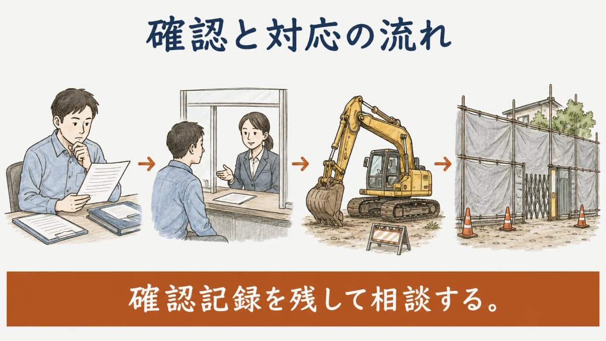 石綿事前調査の確認と対応の流れを示す図