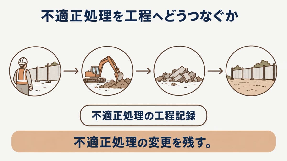 完了資料の受領日と照合範囲を記録する不適正処理防止の図解