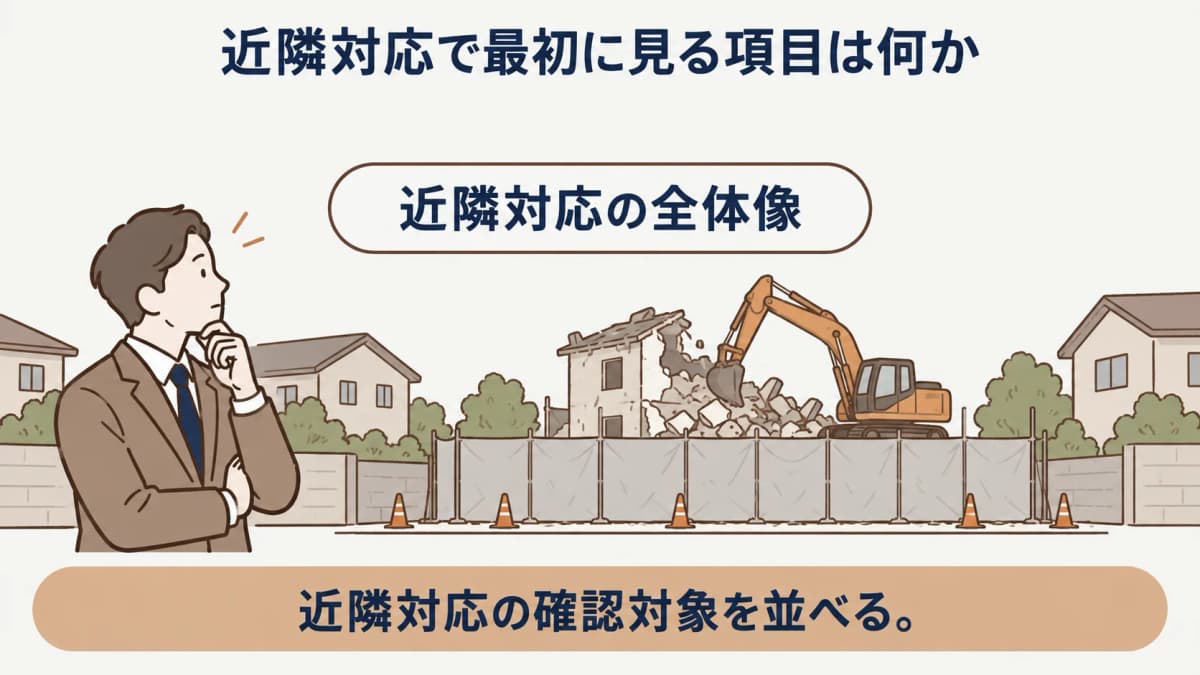 工事予定と問合せ先を近隣対応の確認表に整理する解体工事の図解