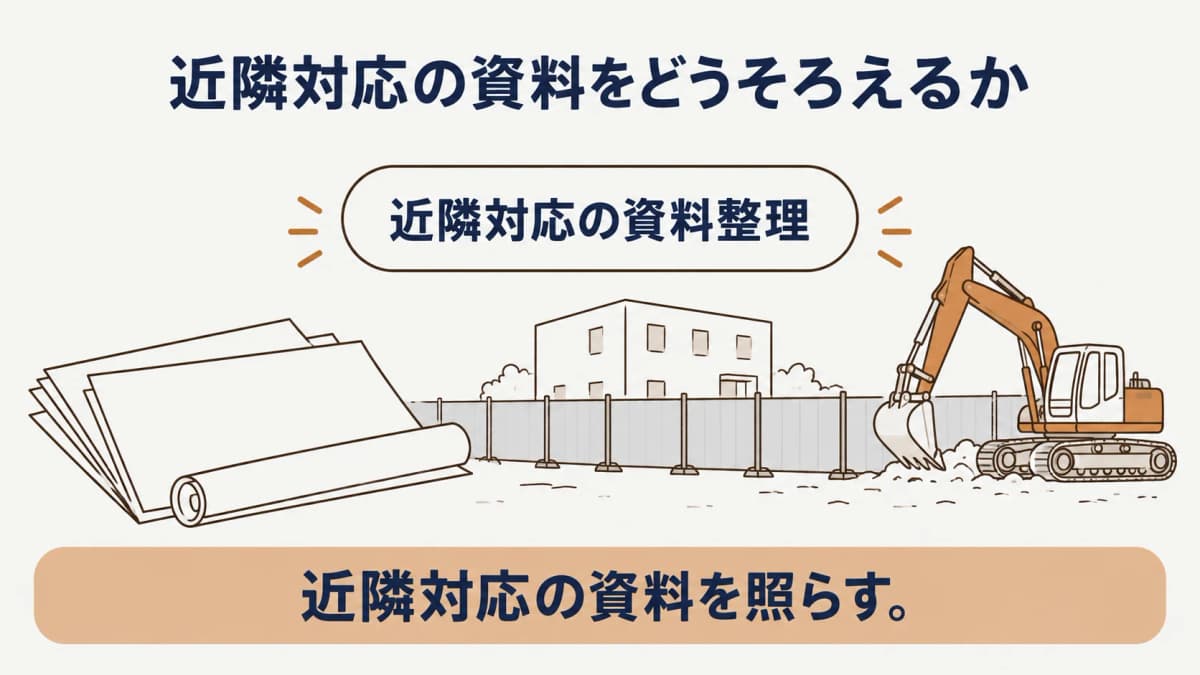 仮囲いと搬出経路を工程表に結び付ける解体工事の近隣影響図