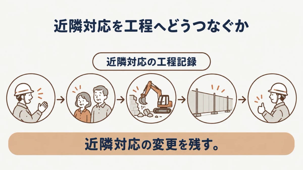 問合せの受領日と確認先を記録する解体工事の連絡記録図
