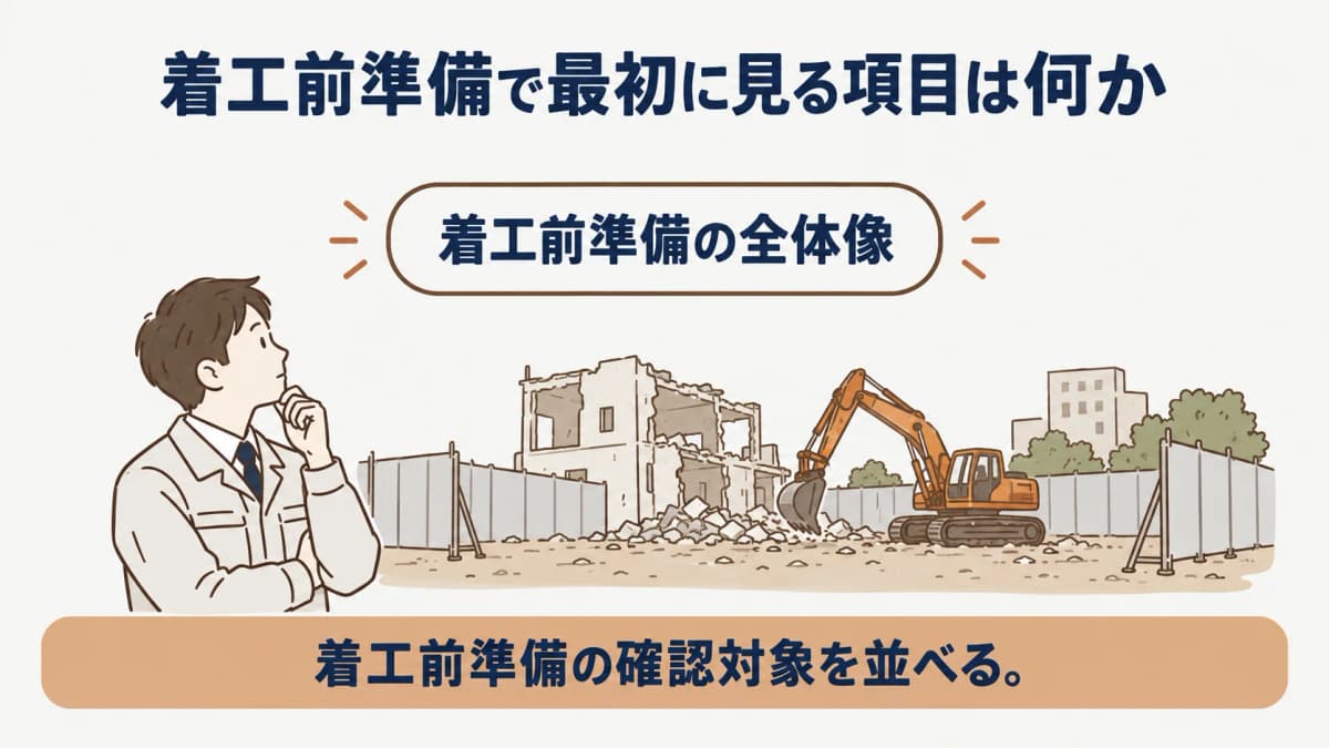 資料整理から着工可否までを並べた解体工事の着工前準備図