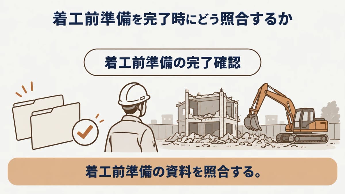 着工前の範囲表と完了時の受領資料を結ぶ書類整理の図解