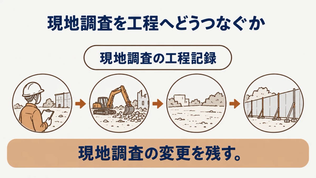 現況との差分と確認先を一行ずつ記録する一覧表の図解