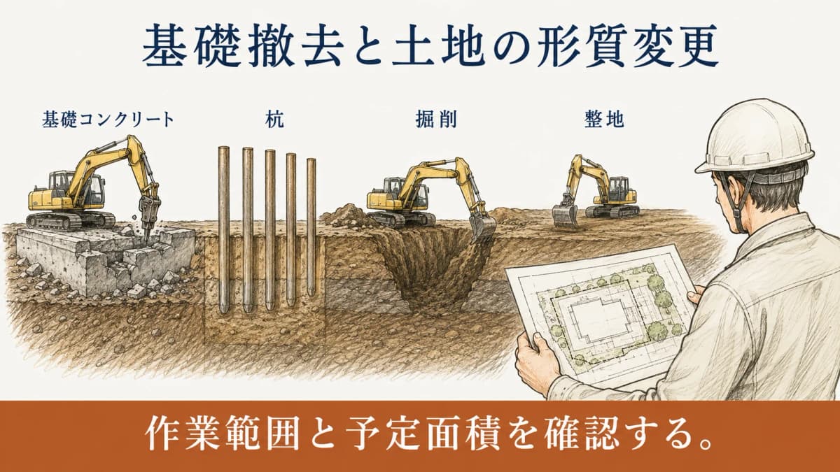 基礎撤去と杭抜きの範囲を確認する解体現場の図