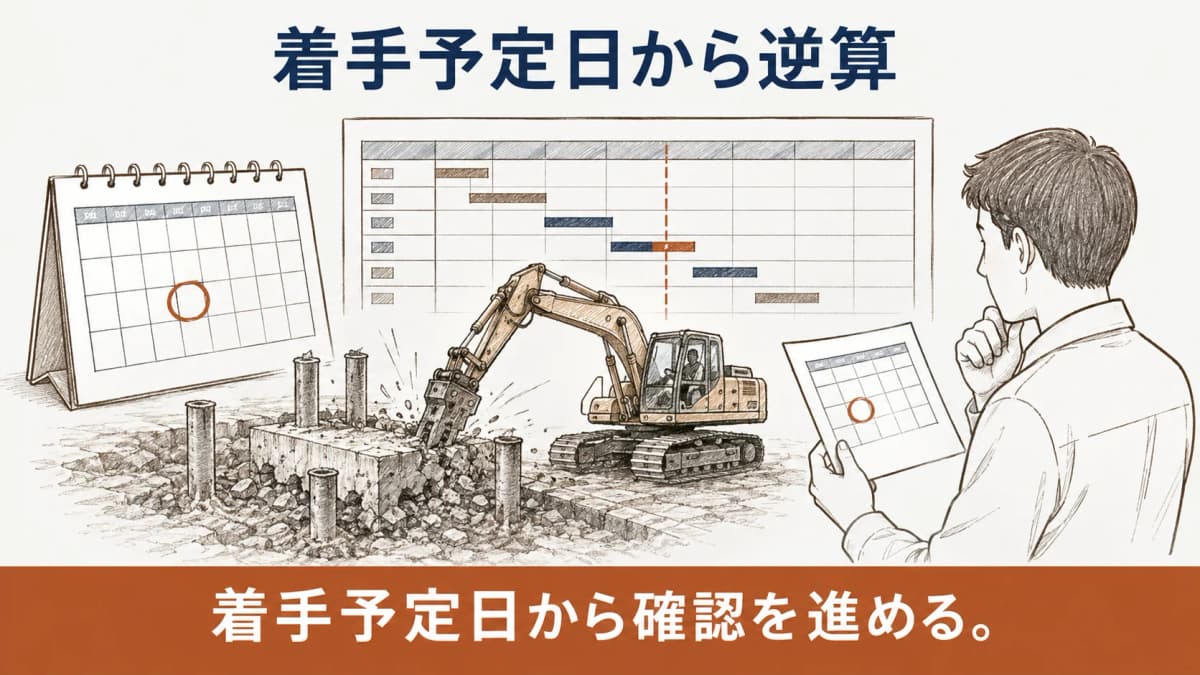 着手予定日から土地条件の確認を逆算する図