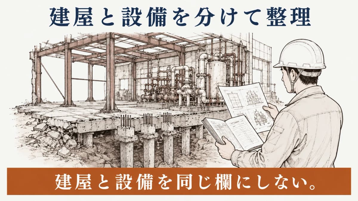 建屋と設備を分けて確認する工場解体の図