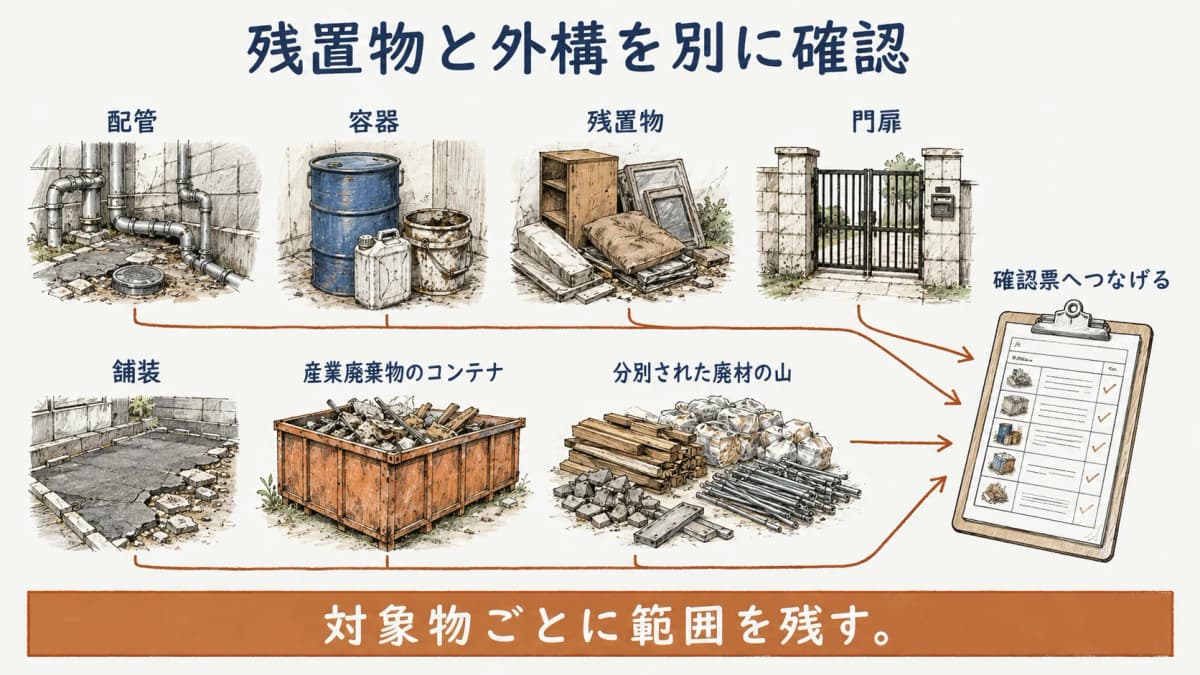 残置物と外構を分けて記録する工場解体の図