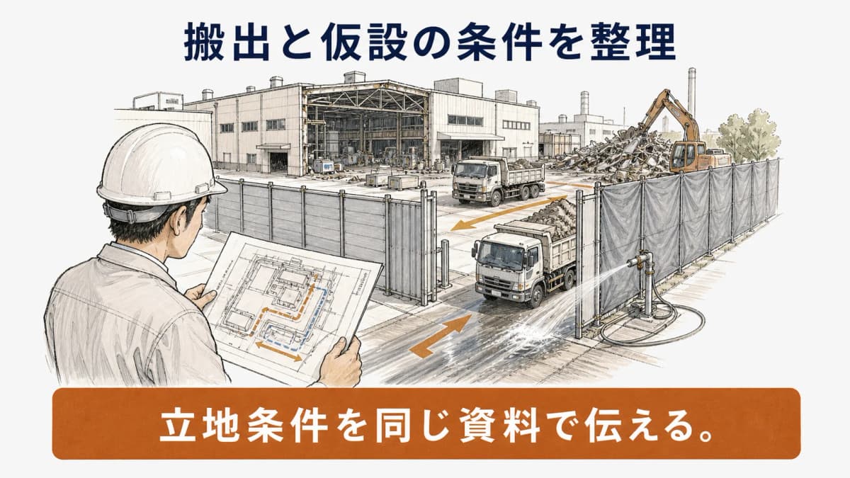 ダンプの搬出と仮囲いを確認する工場解体の図