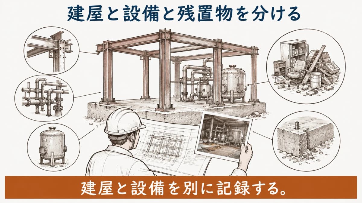 建屋と操業設備を分けて整理する工場解体の図