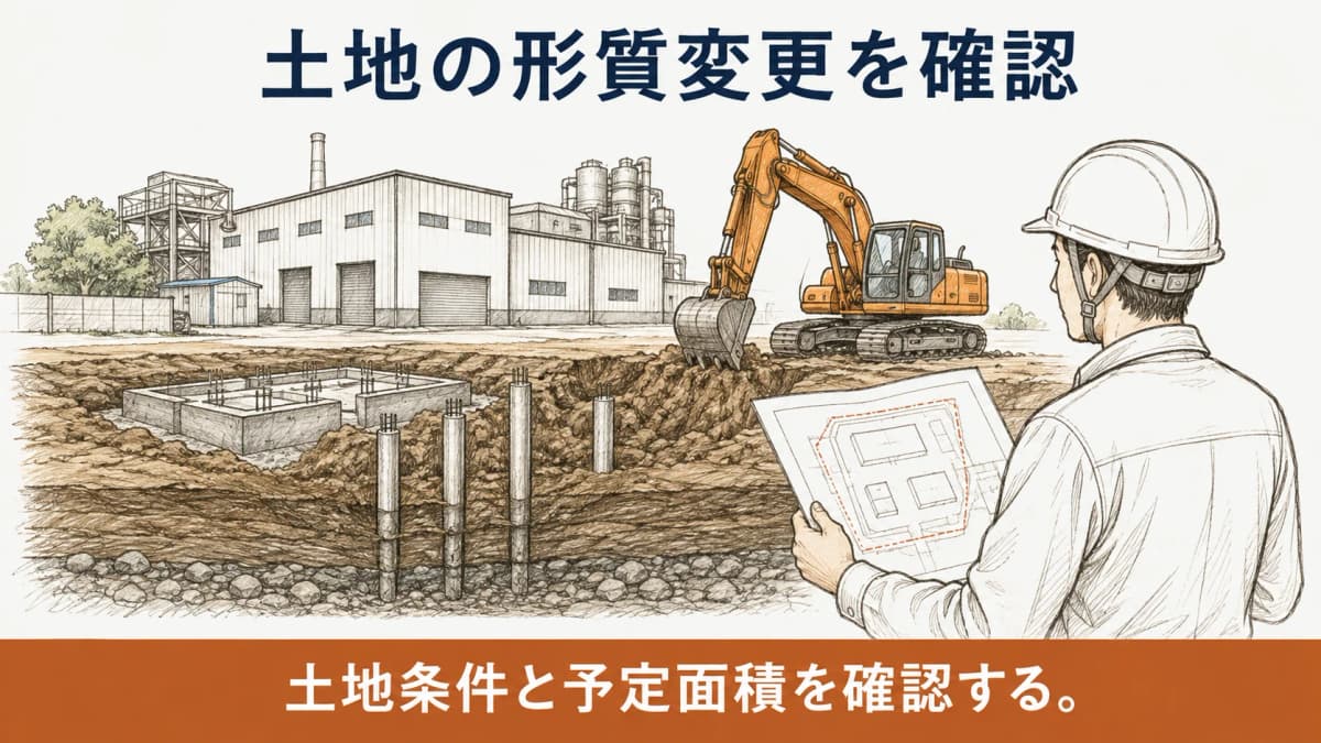 工場敷地の基礎撤去と土地条件を確認する図