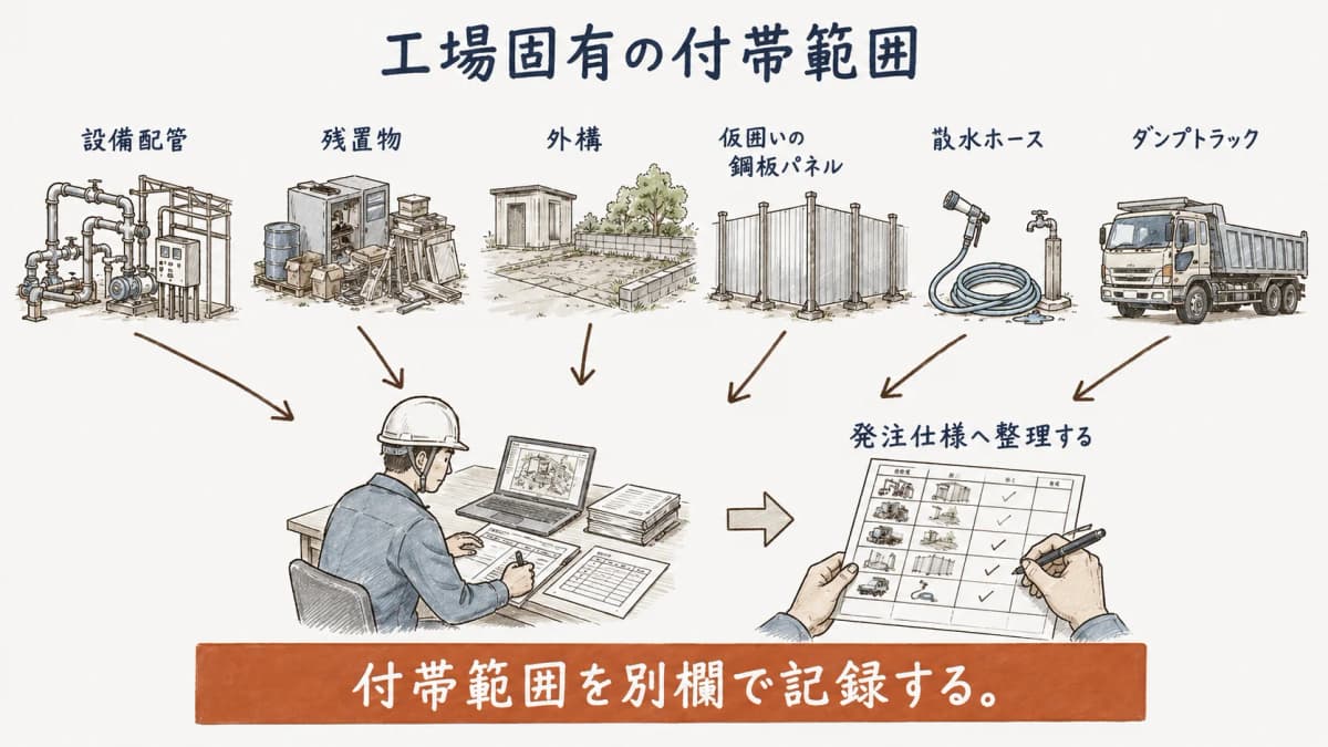 工場固有の付帯範囲を発注仕様に整理する図