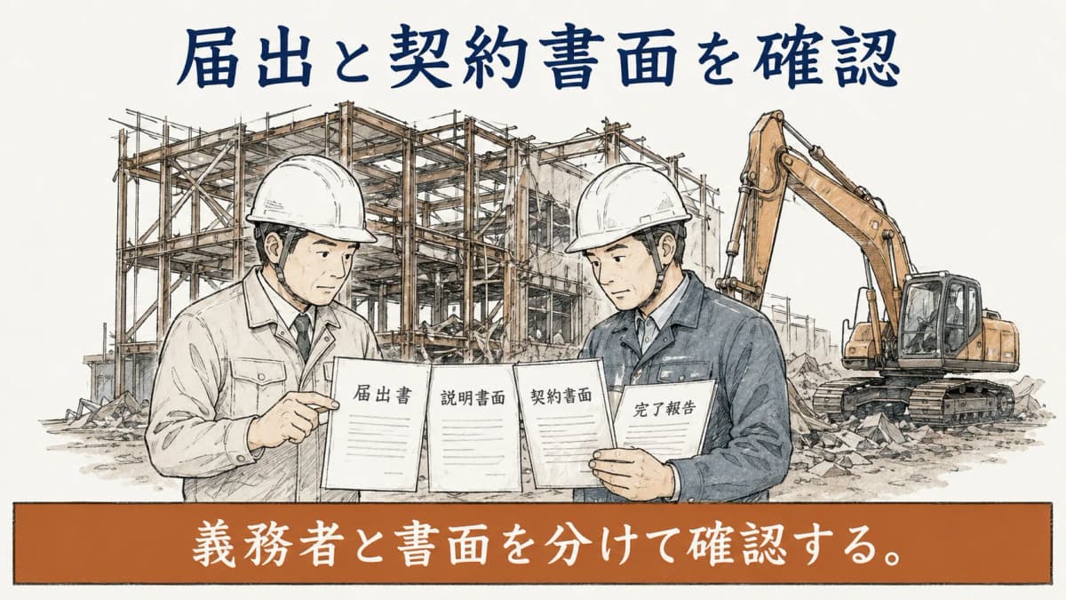 届出と契約書面を時系列で確認する工場解体の図