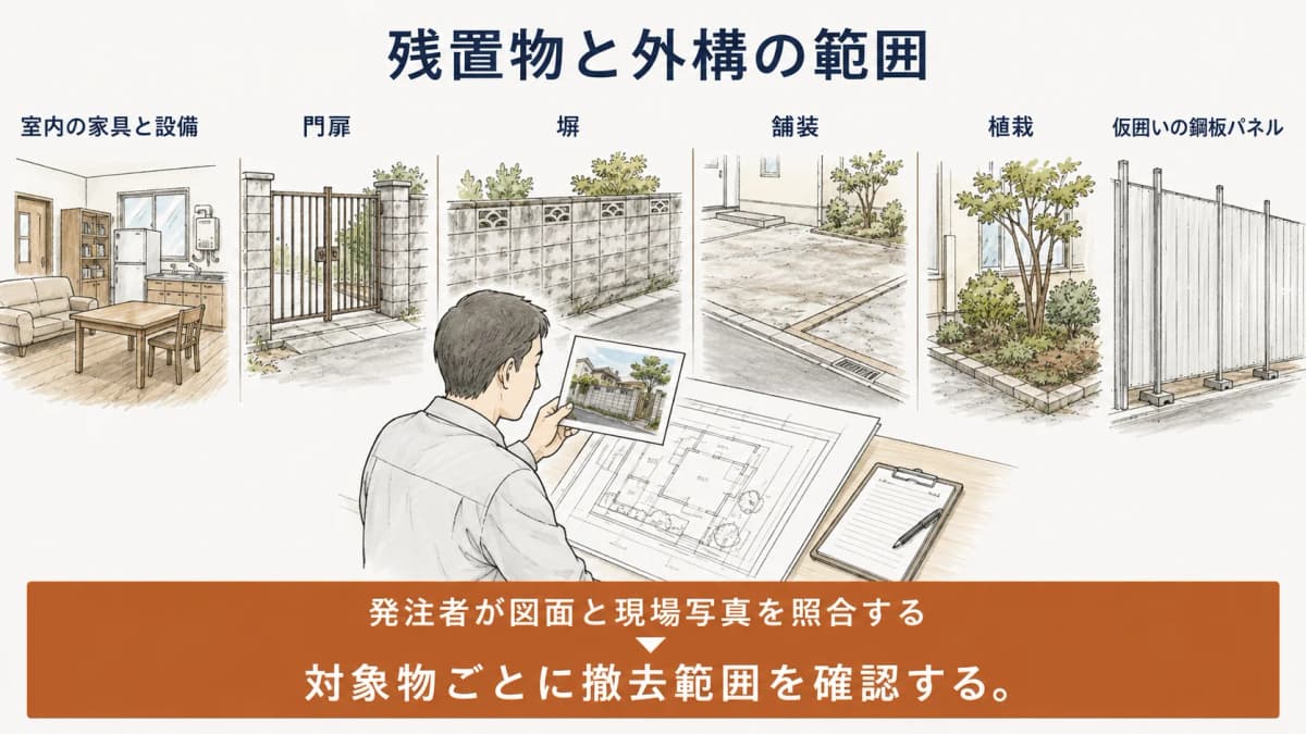 残置物と外構の対象範囲を整理する図解