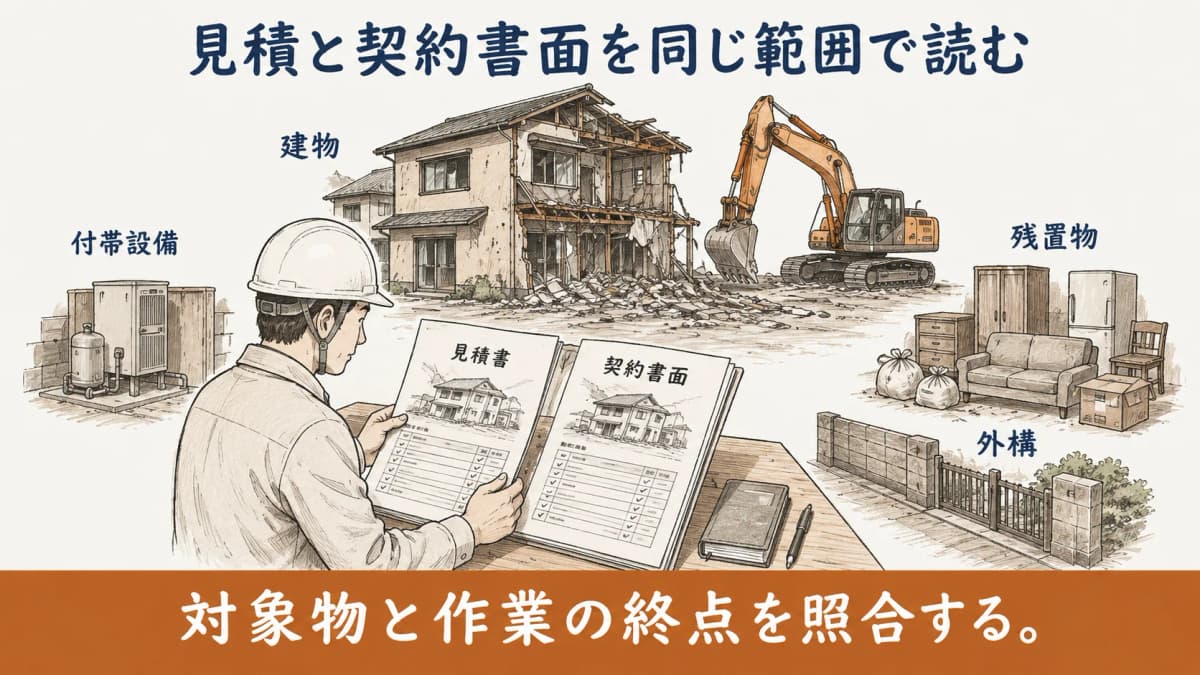 見積と契約書面を照合する解体工事の図