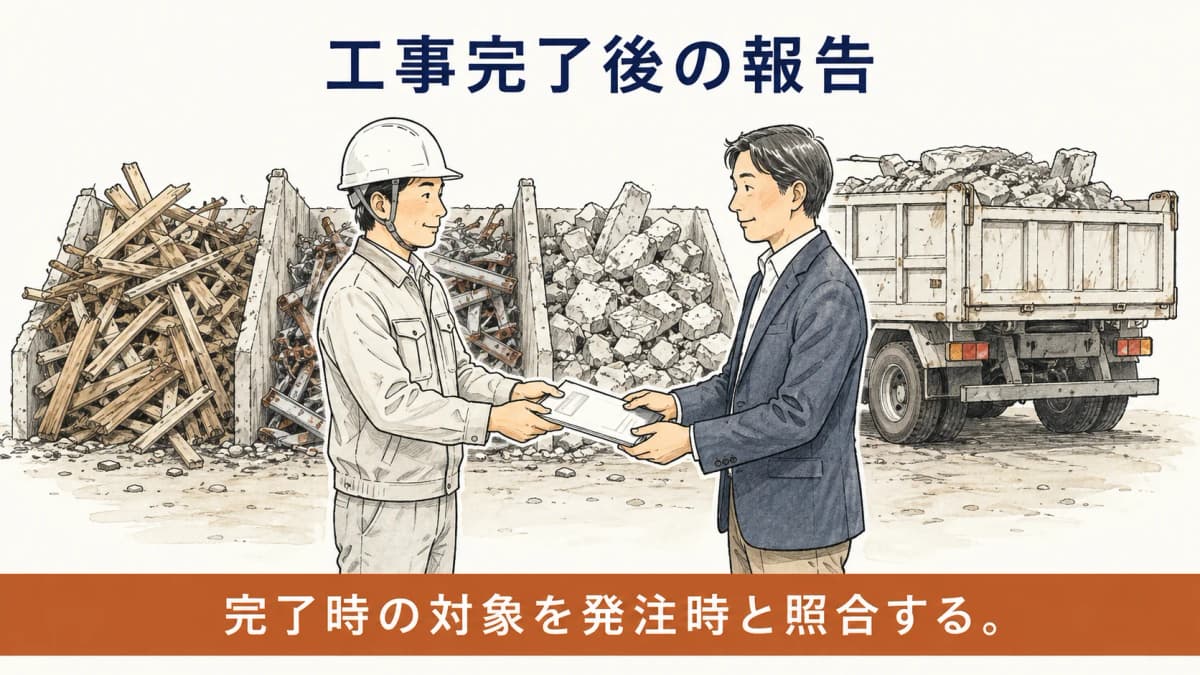 工事完了後に受け取る書面報告を示す図