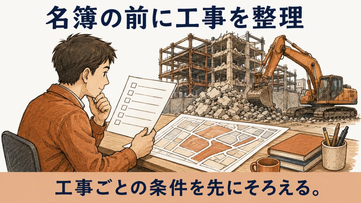工事内容と施工区域を整理して名簿照合する図