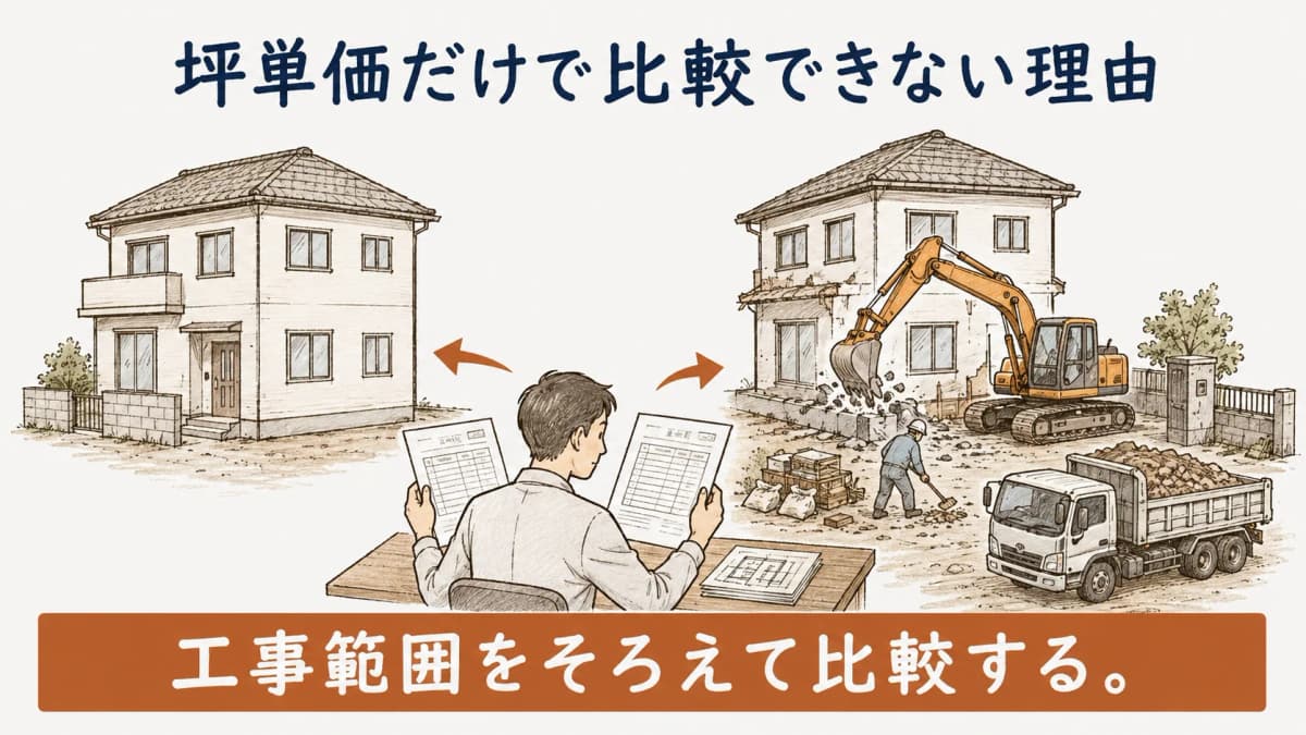 坪単価の比較前に工事範囲をそろえる図解