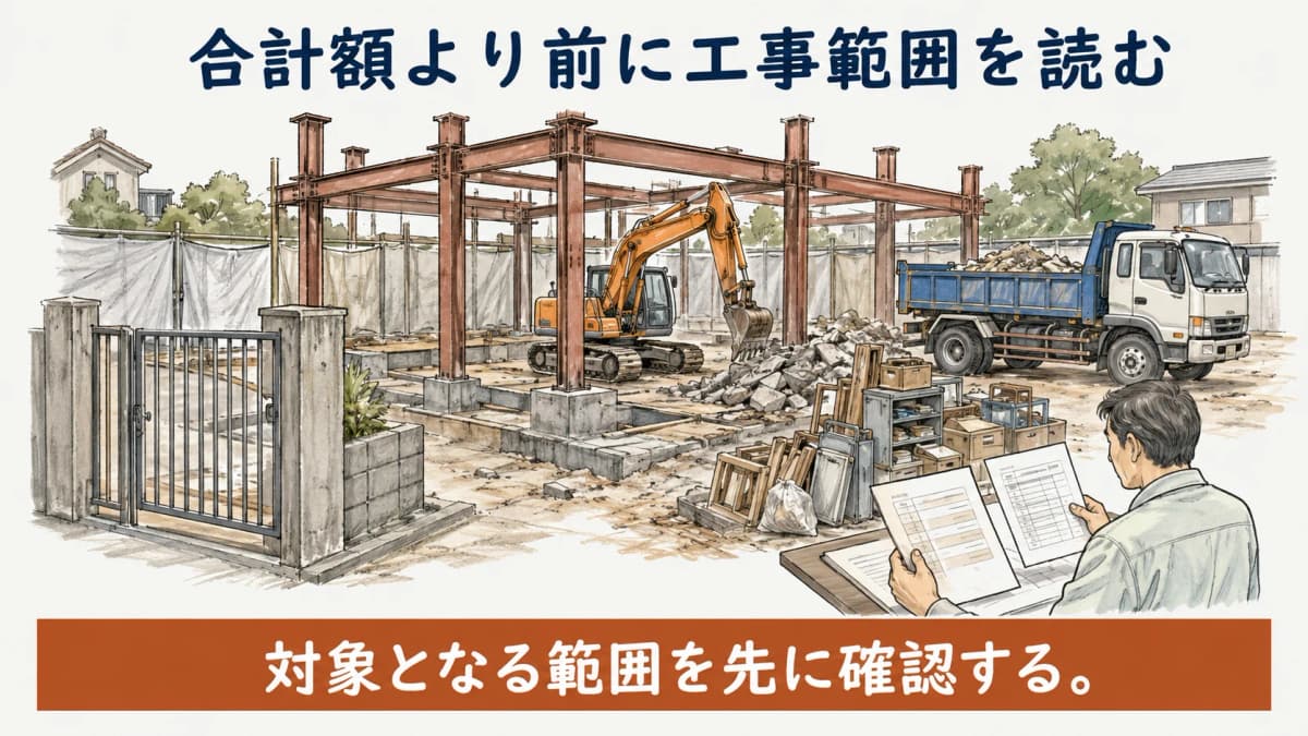 解体工事見積書で最初に確認する項目の図解