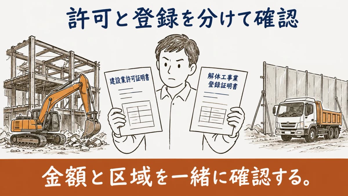 建設業許可と解体工事業登録を分けて確認する図