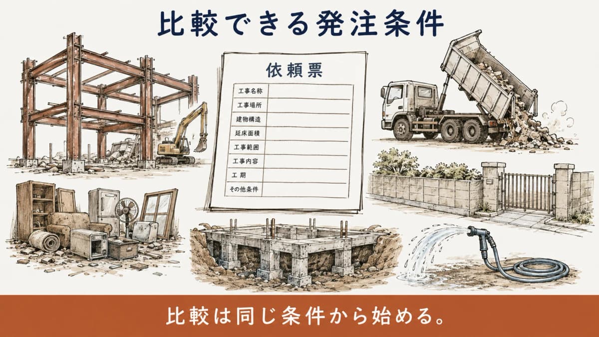 相見積で比較する八つの発注条件を整理する図
