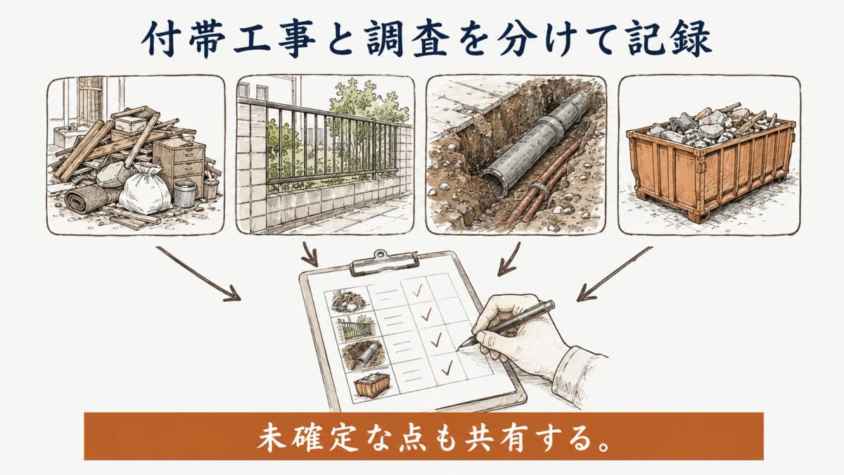 残置物と外構を分けて記録する解体準備の図