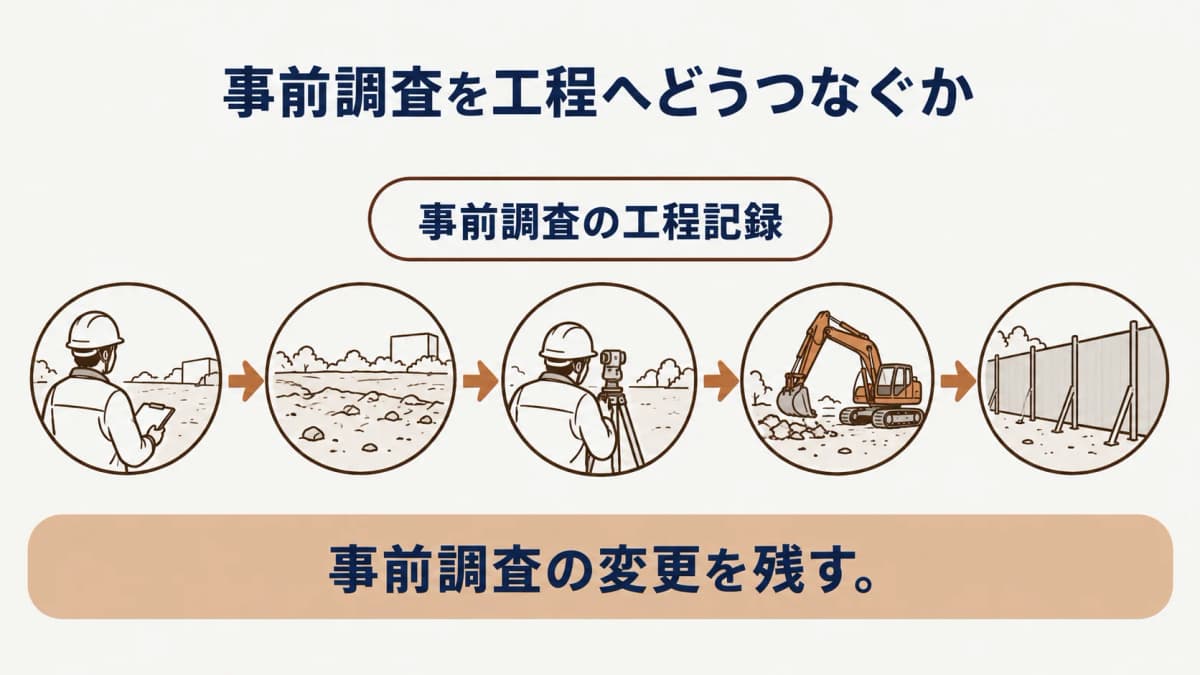 基礎コンクリートと土地条件を分けて確認する解体前の工程図