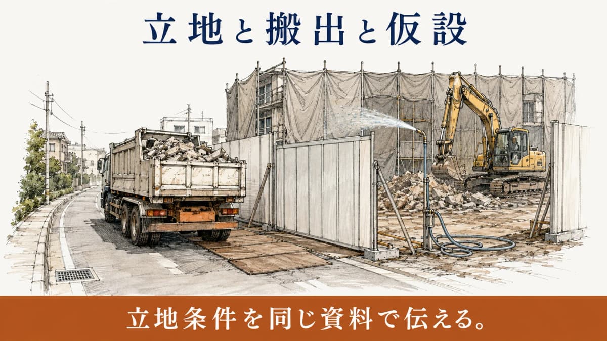 鉄骨造解体の搬出と仮設条件を確認する図