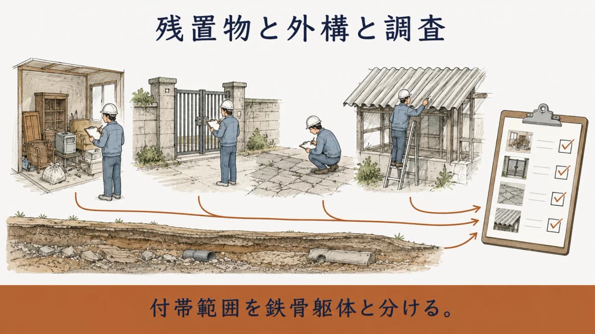 残置物と外構を分けて確認する鉄骨造解体の図