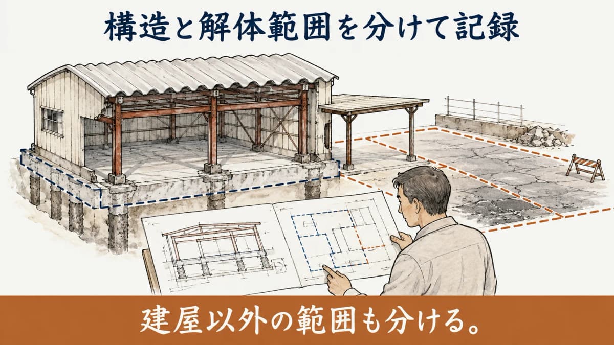 構造と撤去範囲を整理する倉庫解体の図