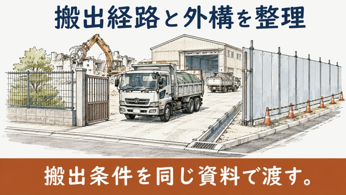 ダンプの搬出経路と外構を確認する倉庫解体の図