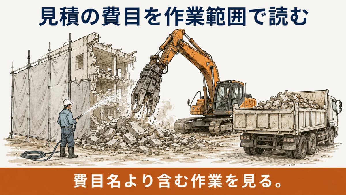 仮設と運搬処分を分けて確認する倉庫解体の図