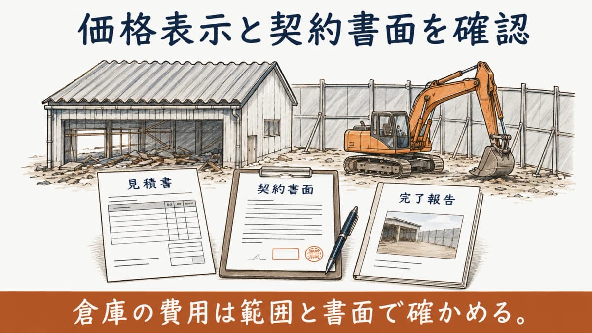 倉庫解体の見積と契約書面を照合する図